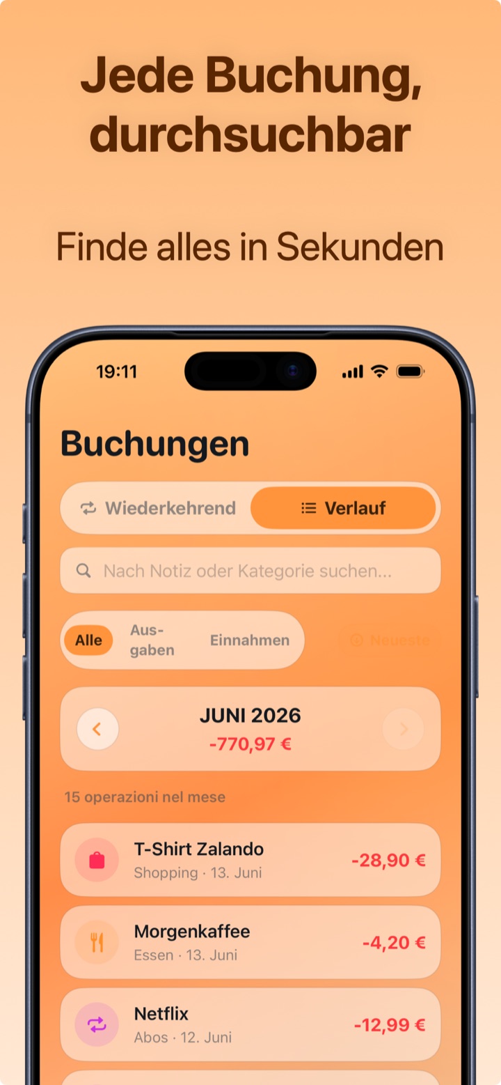 Vollständiger Transaktionsverlauf mit Suche und Filtern