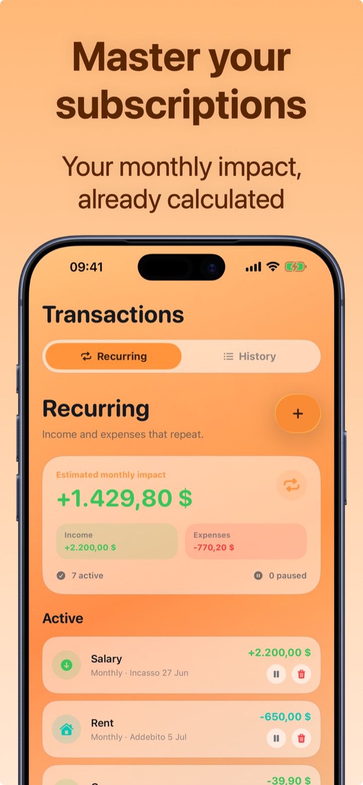Managing subscriptions and recurring payments with calculated monthly impact