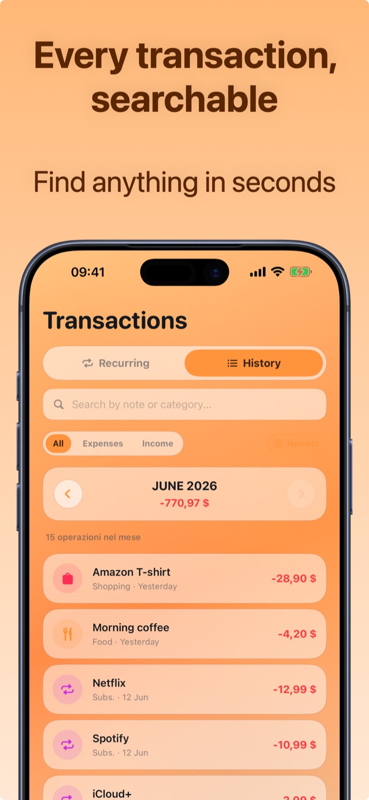 Complete transaction history with search and filters