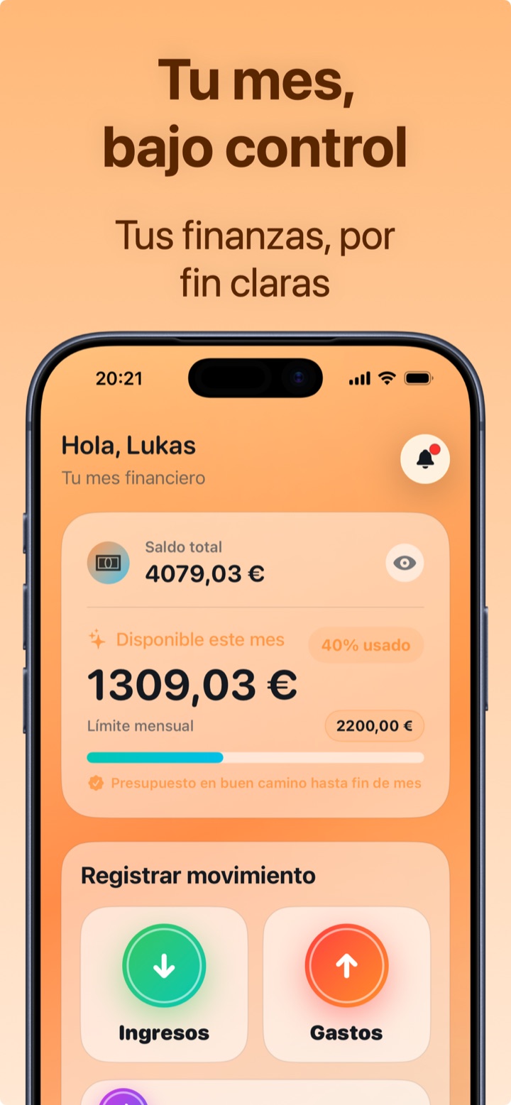 Inicio de Crena: saldo total y presupuesto mensual bajo control
