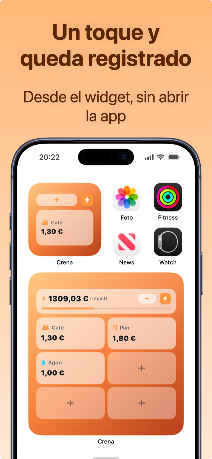 Widget de iPhone de Crena para registrar gastos rápidos con un toque