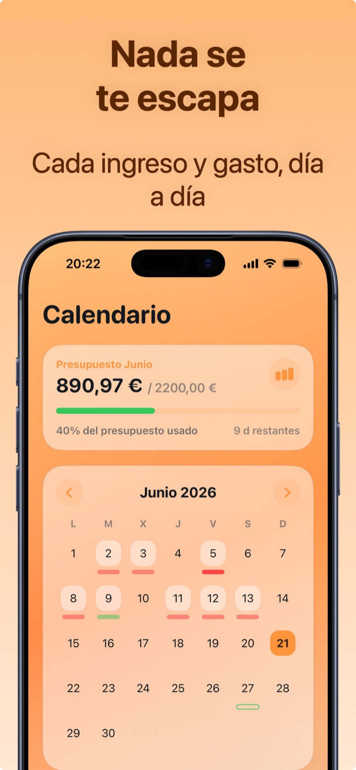 Calendario de gastos día a día con presupuesto del mes