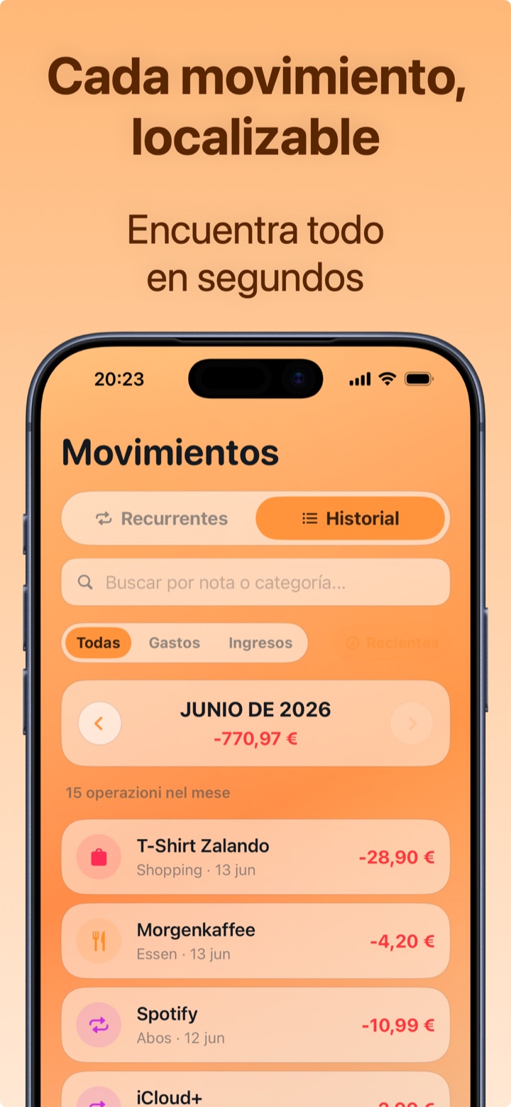Historial completo de transacciones con búsqueda y filtros