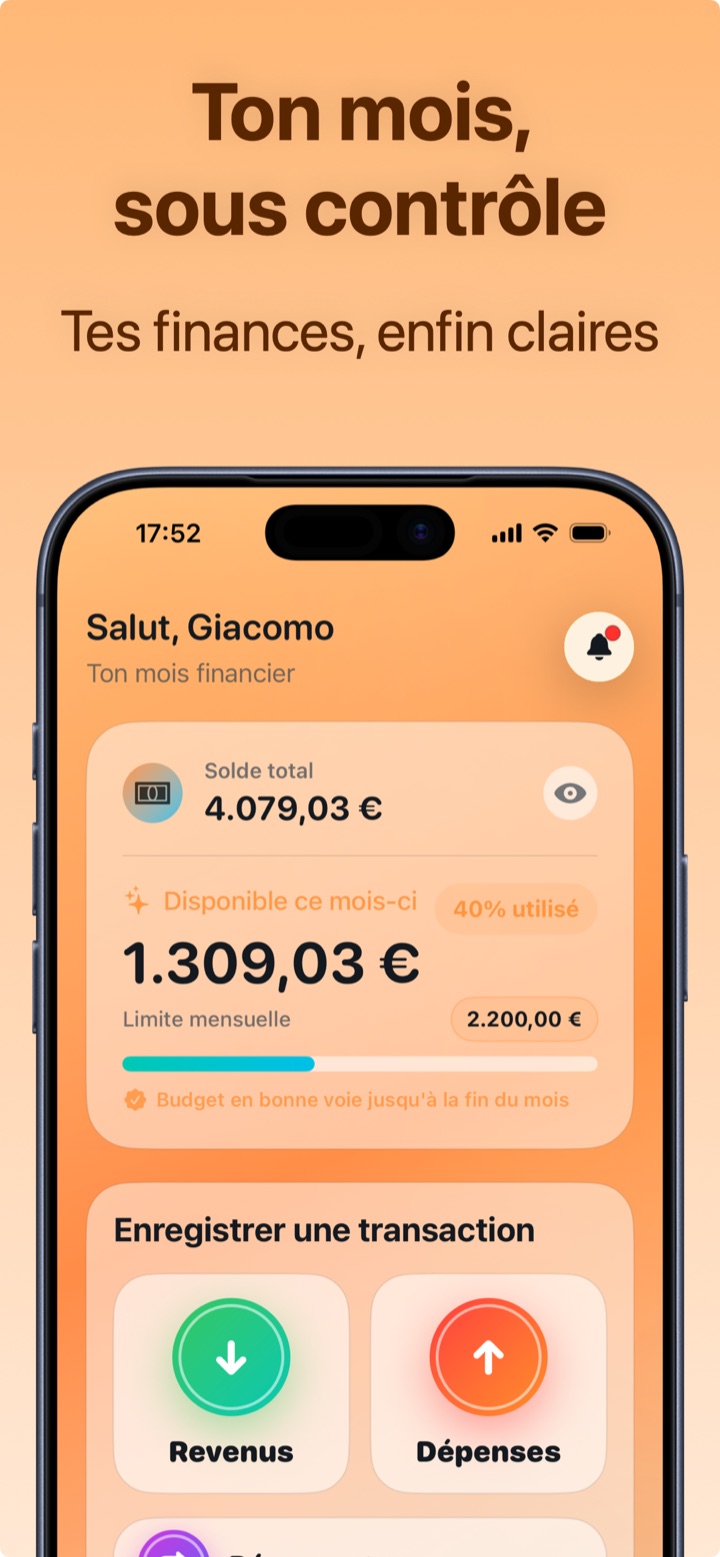 Accueil de Crena avec disponible du mois, limite mensuelle et pourcentage de budget utilisé