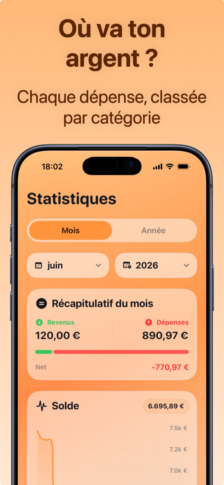 Statistiques mensuelles de Crena : combien vous avez dépensé, combien est entré et le top 3 des dépenses du mois