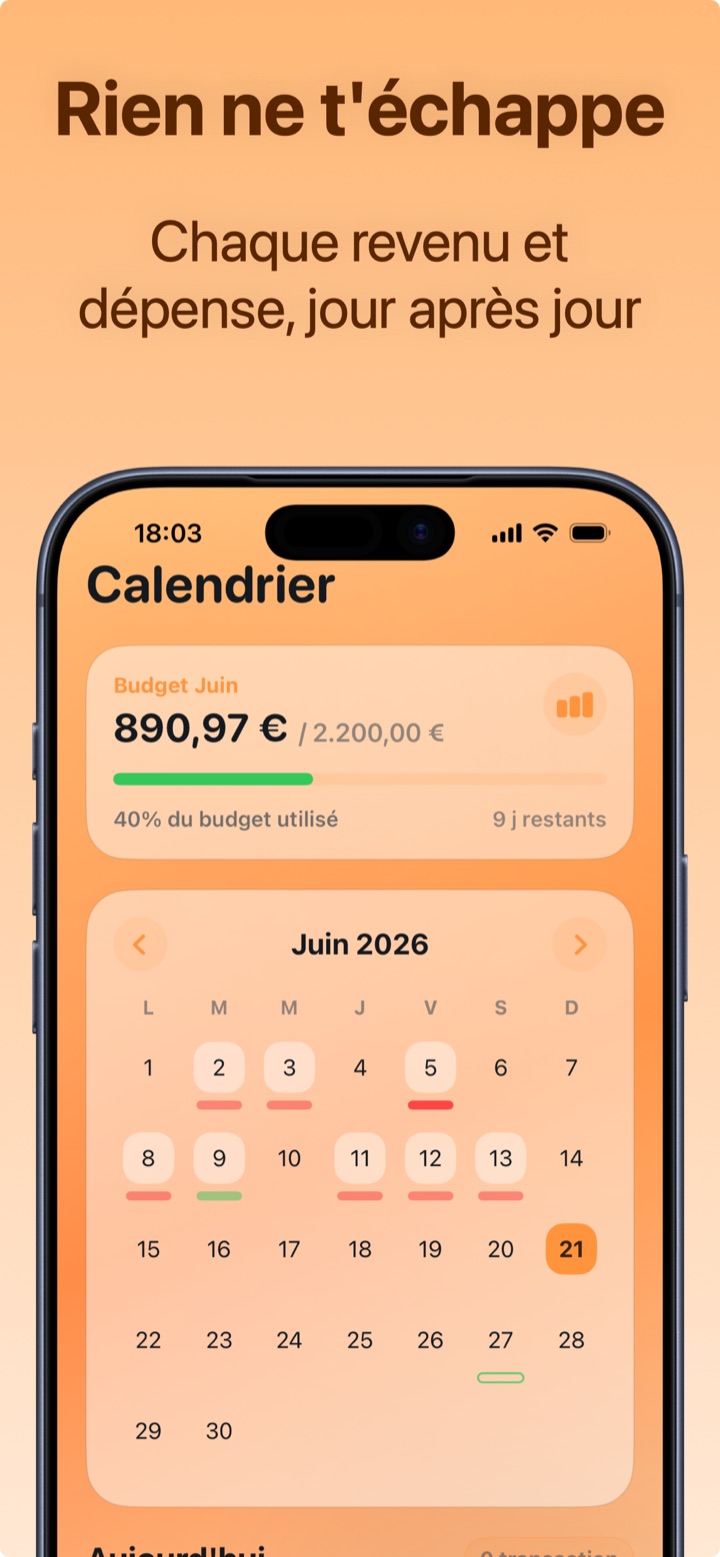 Calendrier du budget familial dans Crena avec budget du mois et dépenses jour par jour