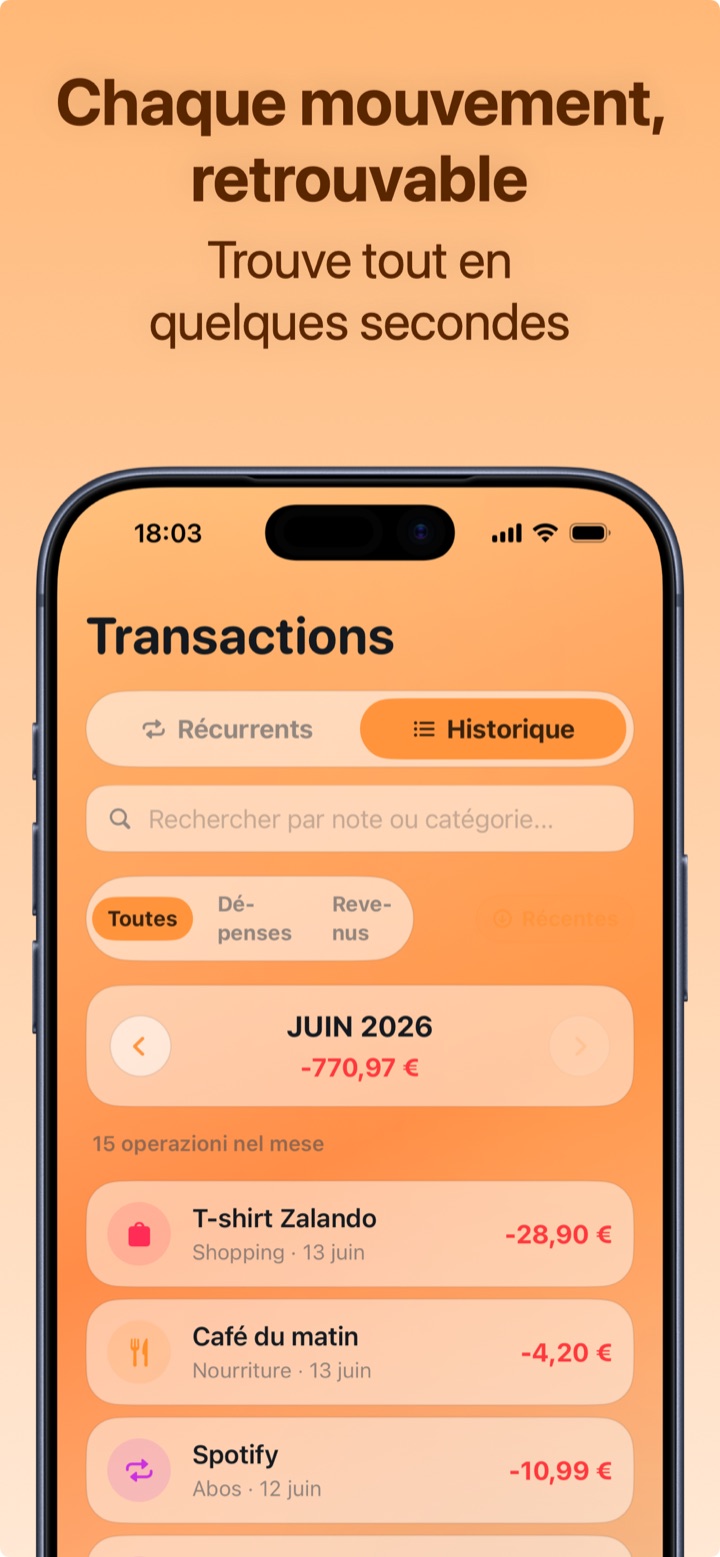 Historique complet des transactions avec recherche et filtres