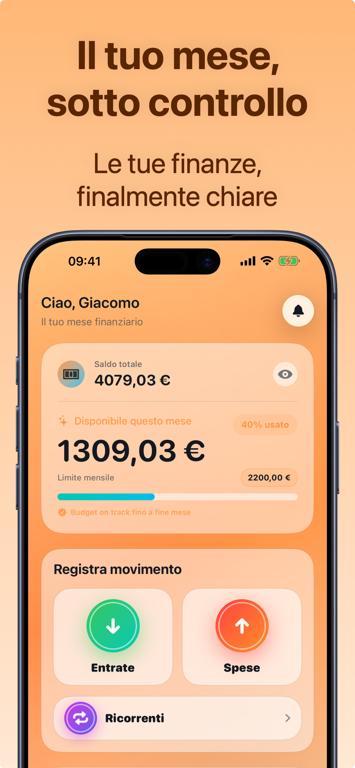 Schermata Home di Crena con saldo totale, budget mensile disponibile e pulsanti per registrare spese ed entrate