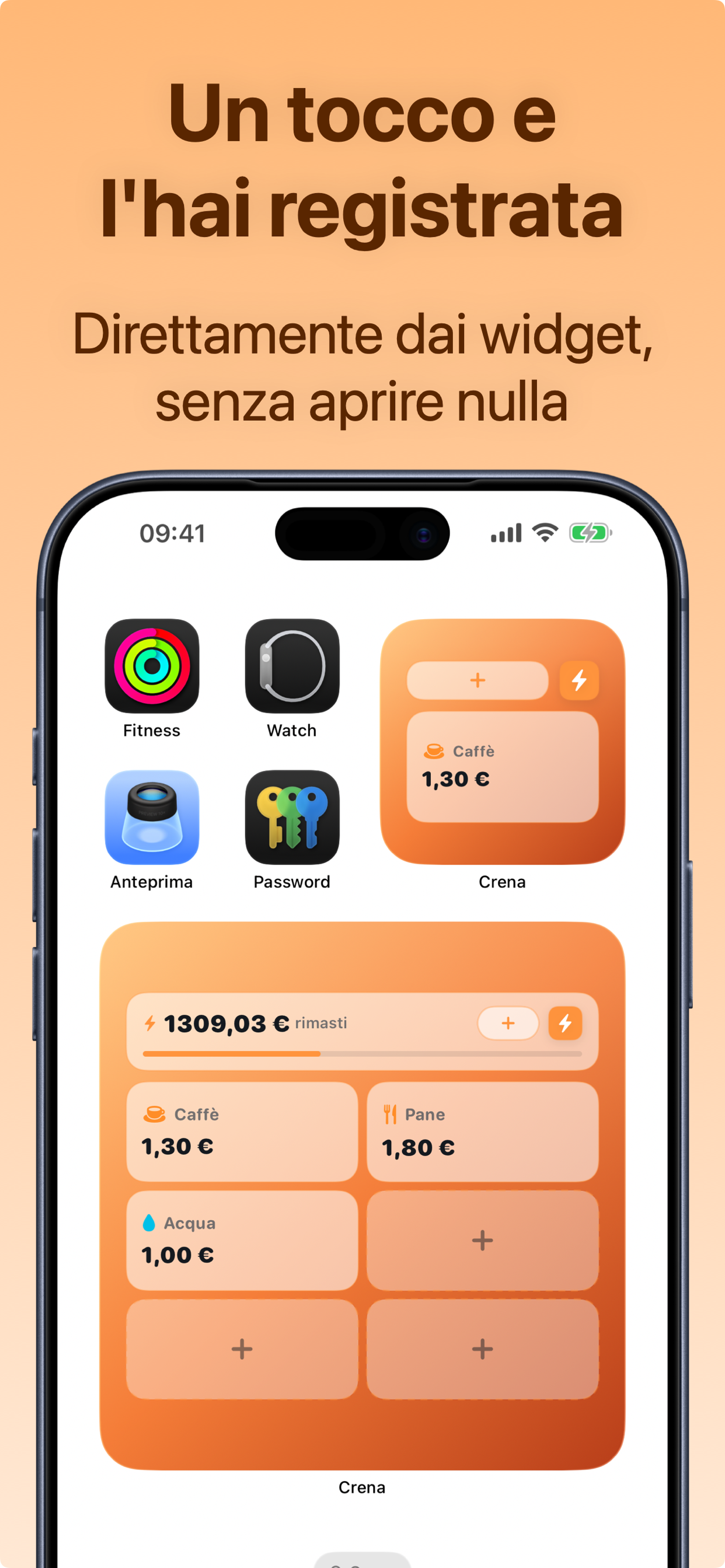 Widget iPhone di Crena per registrare spese rapide con un tocco